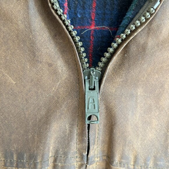 Vtg Argatta Wax Cloth Jacket S Brown Plaid Wool Lined Corduroy Collar Chore - Picture 13 of 16